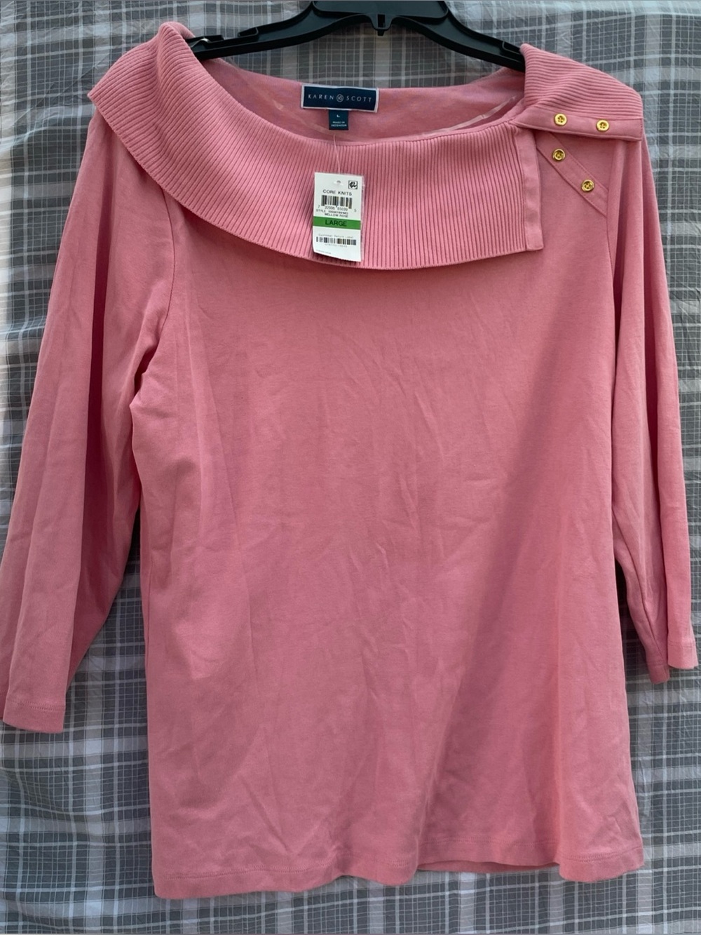 Karen Scott Rose Pink Boatneck Long-Sleeve Top with Gold Buttons Size L
